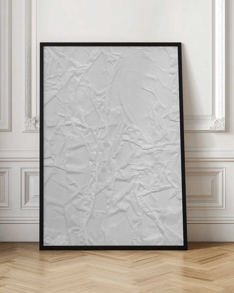 Abstract black and white art print of a crumpled piece of paper, creating a textured surface.