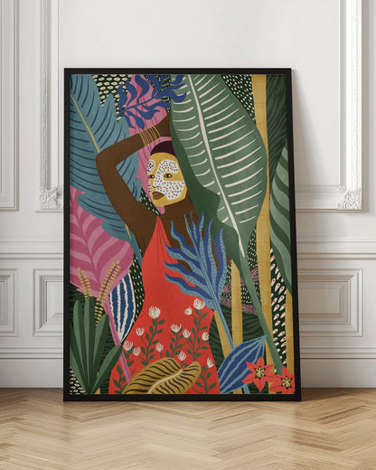 A vibrant, stylized illustration of a dark-skinned woman with a yellow and white patterned face mask, standing amidst a lush jungle. She wears a bright red dress and is surrounded by large, colorful tropical leaves in shades of green, blue, and pink. Artwork