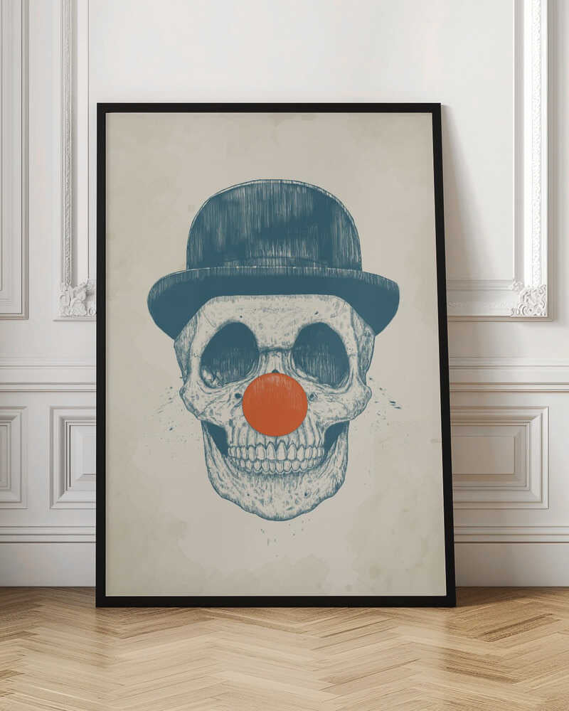 An illustration of a human skull wearing a blue bowler hat and a bright orange clown nose, rendered in a blue sketch style against a cream-colored, textured background. Wall Art