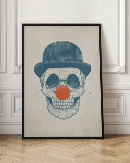 An illustration of a human skull wearing a blue bowler hat and a bright orange clown nose, rendered in a blue sketch style against a cream-colored, textured background. Wall Art