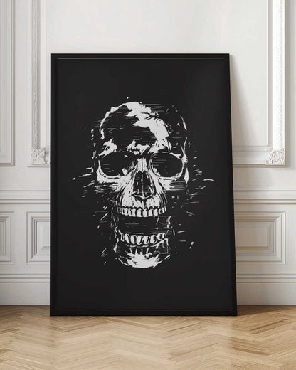 A high-contrast black and white illustration of a human skull with its mouth open. The image is rendered in a rough, distressed, and sketchy style with glitch-like horizontal lines and splatters, all set against a solid black background and enclosed in a thin black frame. Wall Art
