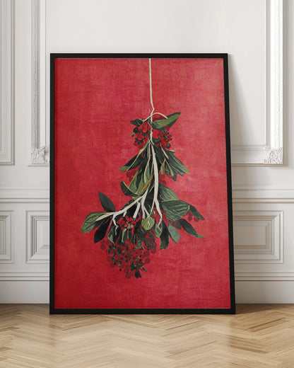 A botanical artwork of a hanging sprig with green leaves and red berries set against a vibrant, textured red background, presented in a black frame. Print