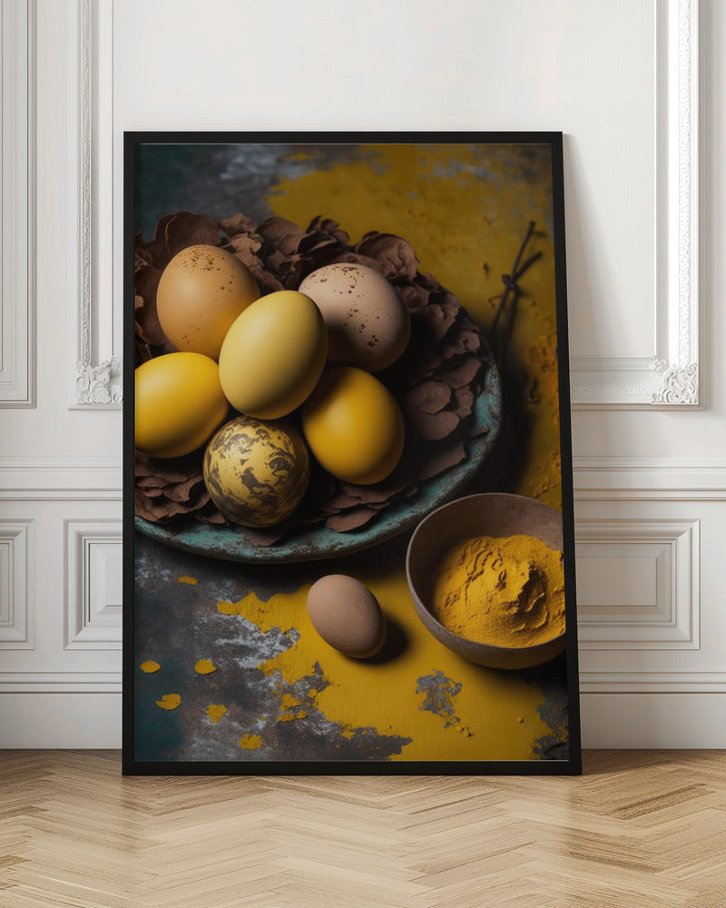 A rustic still life photograph of yellow and speckled brown eggs in a nest of leaves on a plate, with a bowl of yellow spice powder on a dark, textured surface. Print