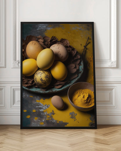 A rustic still life photograph of yellow and speckled brown eggs in a nest of leaves on a plate, with a bowl of yellow spice powder on a dark, textured surface. Print
