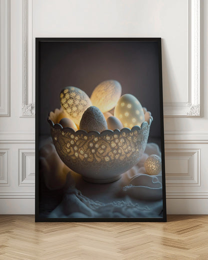 A still life photo of a white, intricately carved bowl resembling lace, filled with decorative eggs. Several of the eggs and the bowl itself are lit from within, casting a warm, golden glow through cutout patterns of flowers and delicate designs, creating a magical, cozy atmosphere against a dark background. Decor