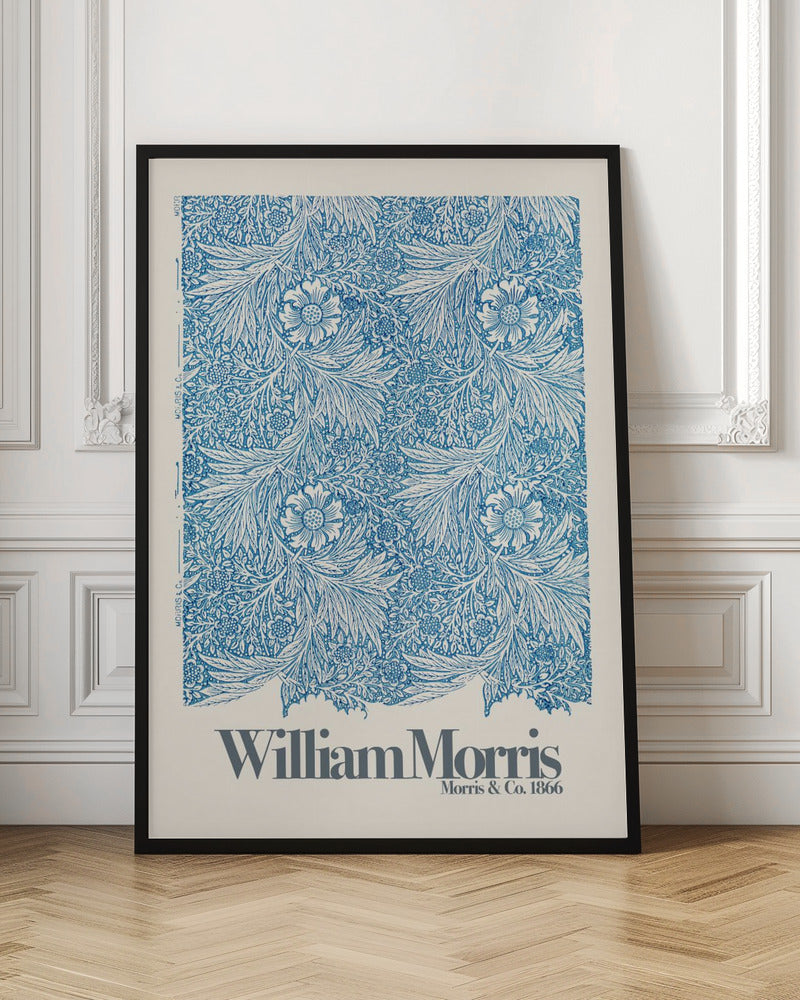 A framed art print of a William Morris design featuring an intricate, repeating floral and foliage pattern in blue on a white background. Below the pattern, the text 'William Morris' and 'Morris & Co. 1866' is printed in grey against a cream-colored border. Artwork