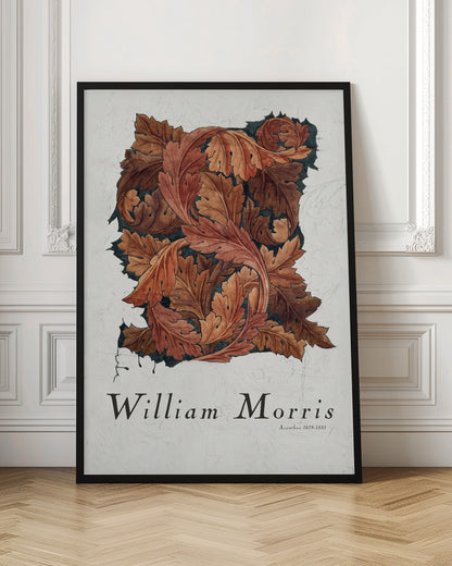A framed art print by William Morris titled 'Acanthus 1879-1881'. The artwork features an intricate pattern of swirling acanthus leaves in shades of brown, rust, and orange against a dark background, all set on a textured off-white paper. Poster