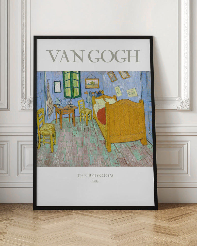A poster of Vincent van Gogh's famous painting 'The Bedroom' from 1889. The artwork depicts a simple, colorful room with a yellow wooden bed, two chairs, and light blue walls, all rendered in his iconic post-impressionist style with thick brushstrokes. The poster has a black frame, and white borders with the text 'VAN GOGH' at the top and 'THE BEDROOM - 1889 -' at the bottom. Artwork