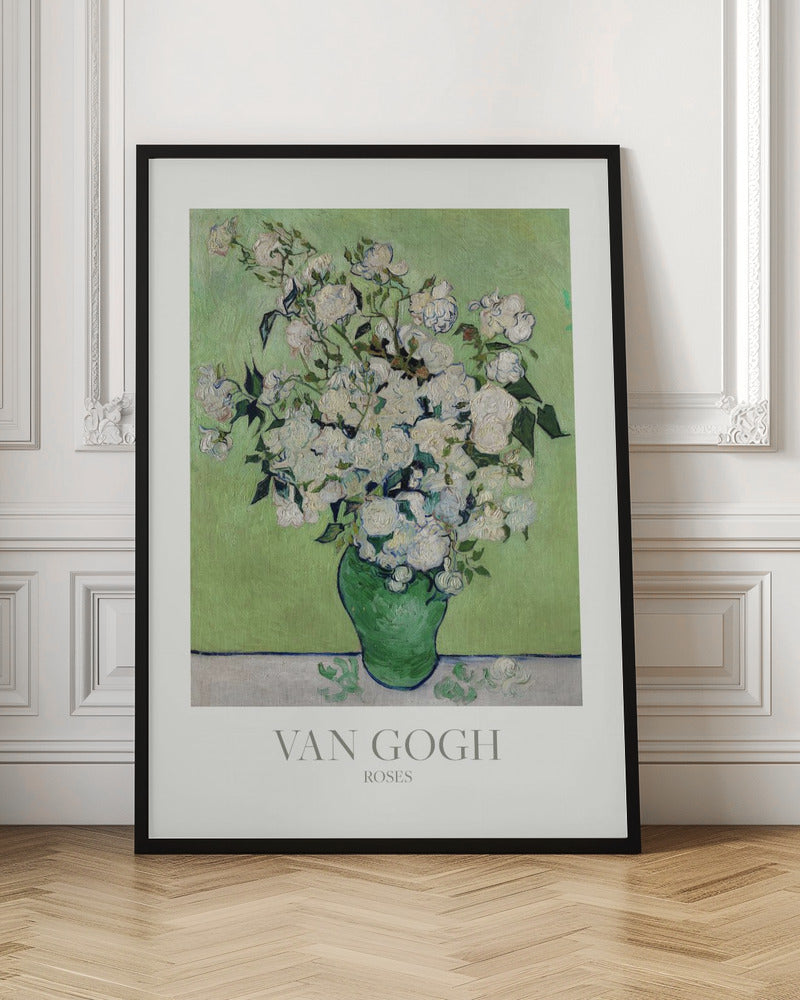 A framed art print of Vincent van Gogh's painting 'Roses'. It features a lush bouquet of white roses with green leaves in a green vase, set against a light green background. The impressionist style is evident in the thick, visible brushstrokes. The print has a white mat with the text 'VAN GOGH' and 'ROSES' at the bottom. Wall Art