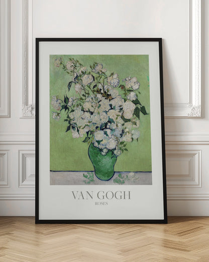 A framed art print of Vincent van Gogh's painting 'Roses'. It features a lush bouquet of white roses with green leaves in a green vase, set against a light green background. The impressionist style is evident in the thick, visible brushstrokes. The print has a white mat with the text 'VAN GOGH' and 'ROSES' at the bottom. Wall Art