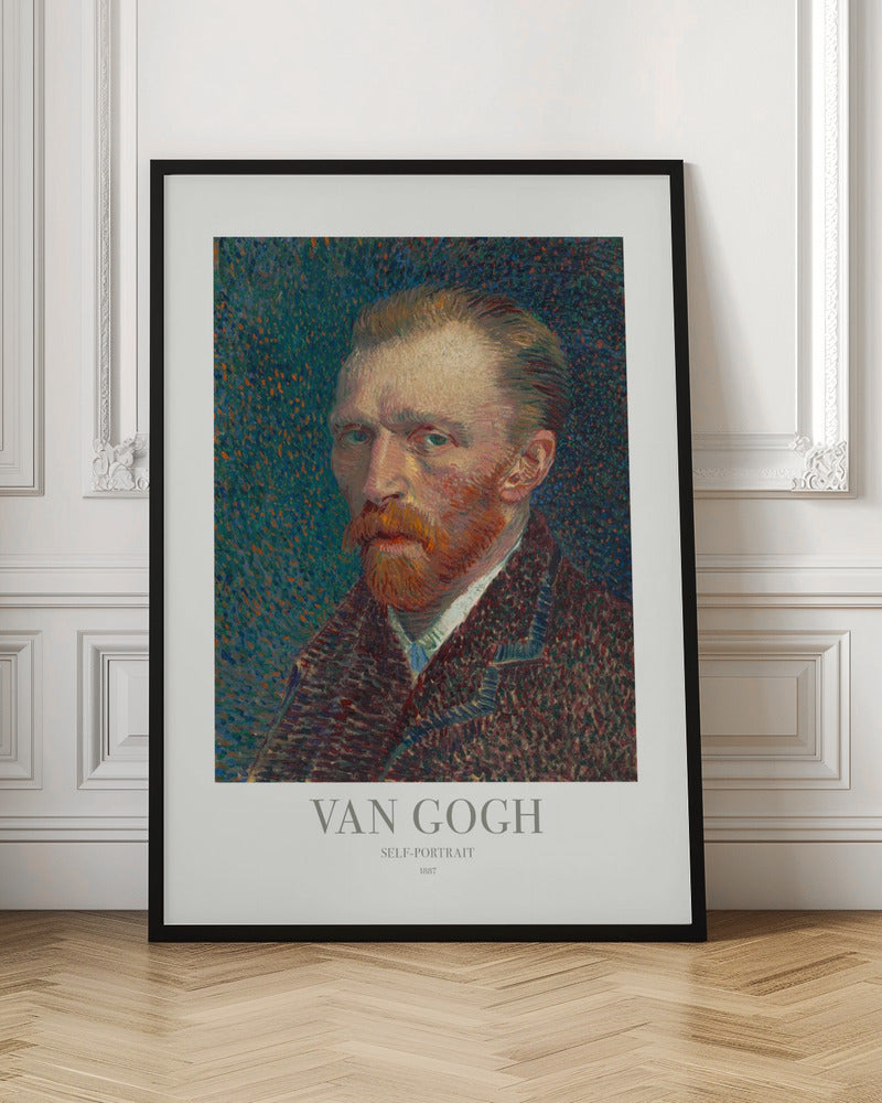 A framed poster of Vincent van Gogh's 1887 self-portrait. The Post-Impressionist painting features the artist with a fiery red beard and intense gaze against a stippled blue and orange background. The poster includes text identifying the artist and artwork. Print