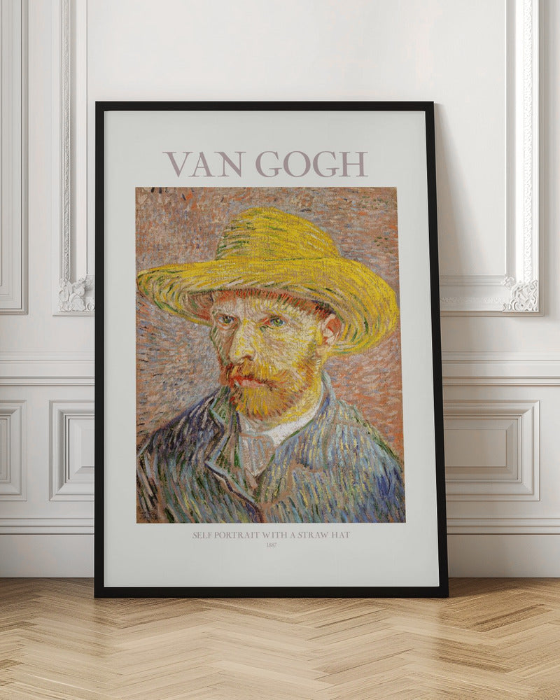 A framed art print of Vincent van Gogh's 'Self Portrait with a Straw Hat' from 1887. The post-impressionist painting shows the artist in a bright yellow straw hat and a blue jacket, with his characteristic intense gaze and reddish beard. The print is on a light-colored background with the artist's name at the top and the title and year at the bottom. Artwork