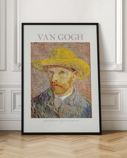 A framed art print of Vincent van Gogh's 'Self Portrait with a Straw Hat' from 1887. The post-impressionist painting shows the artist in a bright yellow straw hat and a blue jacket, with his characteristic intense gaze and reddish beard. The print is on a light-colored background with the artist's name at the top and the title and year at the bottom. Artwork