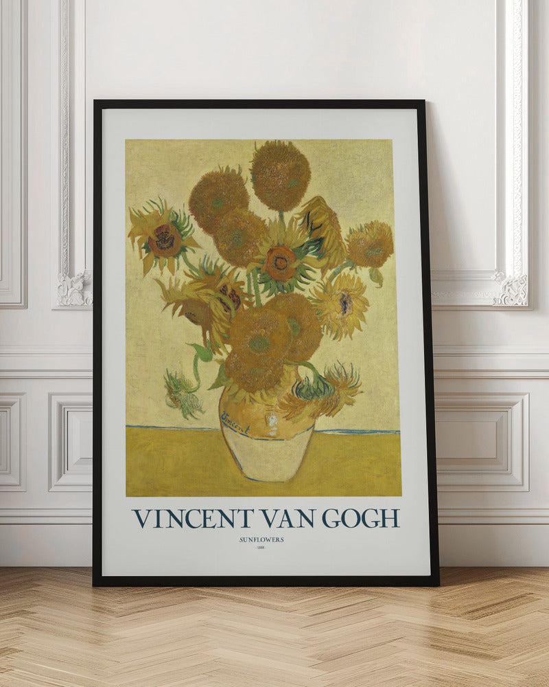 A poster of Vincent van Gogh's 'Sunflowers' painting, featuring a yellow vase with sunflowers against a yellow background. The poster has a white border with the text 'VINCENT VAN GOGH' and is set in a black frame. Poster