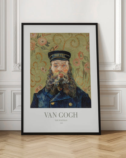A framed art print of Vincent van Gogh's painting 'The Postman' from 1888. The portrait shows a man with a thick, wavy beard and blue eyes, wearing a dark blue postman's uniform and cap. The background is a decorative light green with a swirling floral pattern. Poster