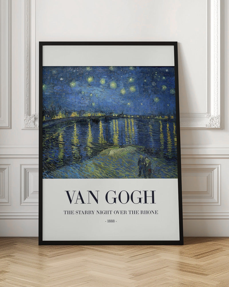 A framed poster of Vincent van Gogh's famous painting, 'The Starry Night Over the Rhone' from 1888. The painting depicts a deep blue night sky filled with bright yellow stars, reflected in the water below. In the foreground, a couple strolls along the riverbank. The title and artist's name are printed below the image on a white background. Wall Art