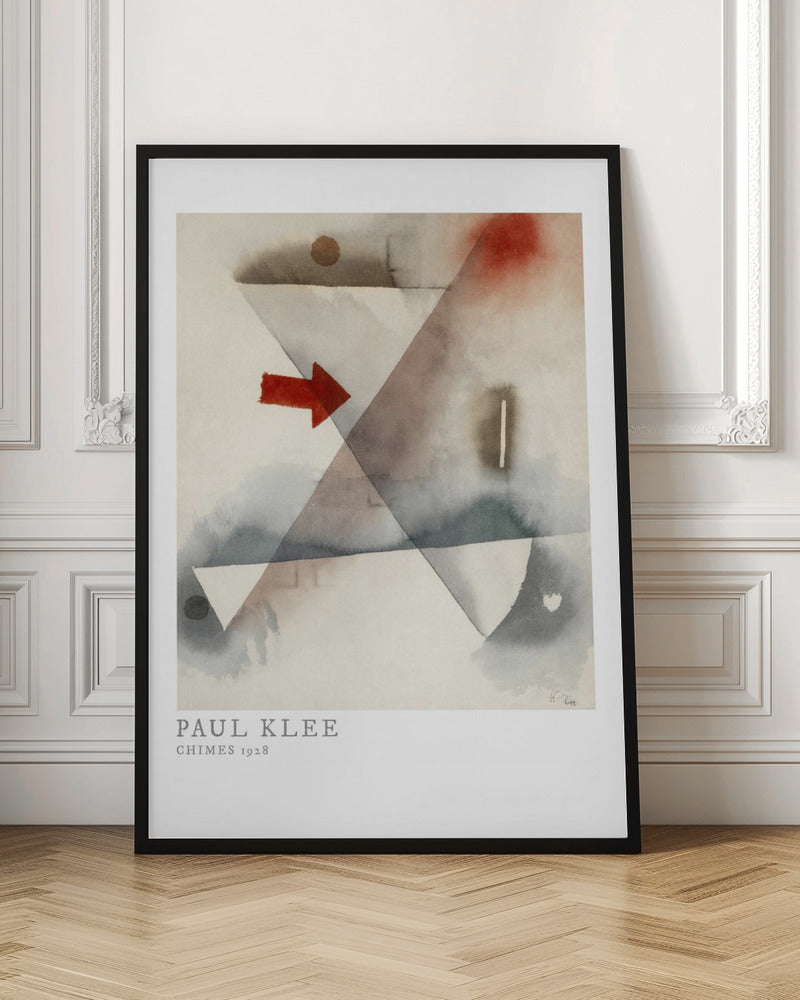 A framed print of Paul Klee's abstract painting 'Chimes 1928'. The artwork features overlapping geometric shapes in muted watercolor tones of gray and brown, with a prominent solid red arrow pointing to the right. Poster