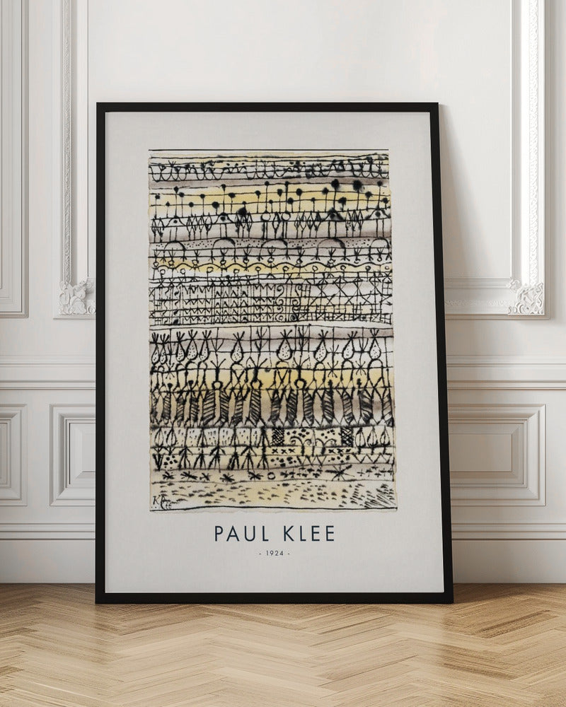 A framed art print of Paul Klee's 1924 abstract work, featuring horizontal rows of intricate, hieroglyphic-like black ink symbols and figures on a textured cream and pale yellow background. The artist's name and the year are printed below the artwork. Print