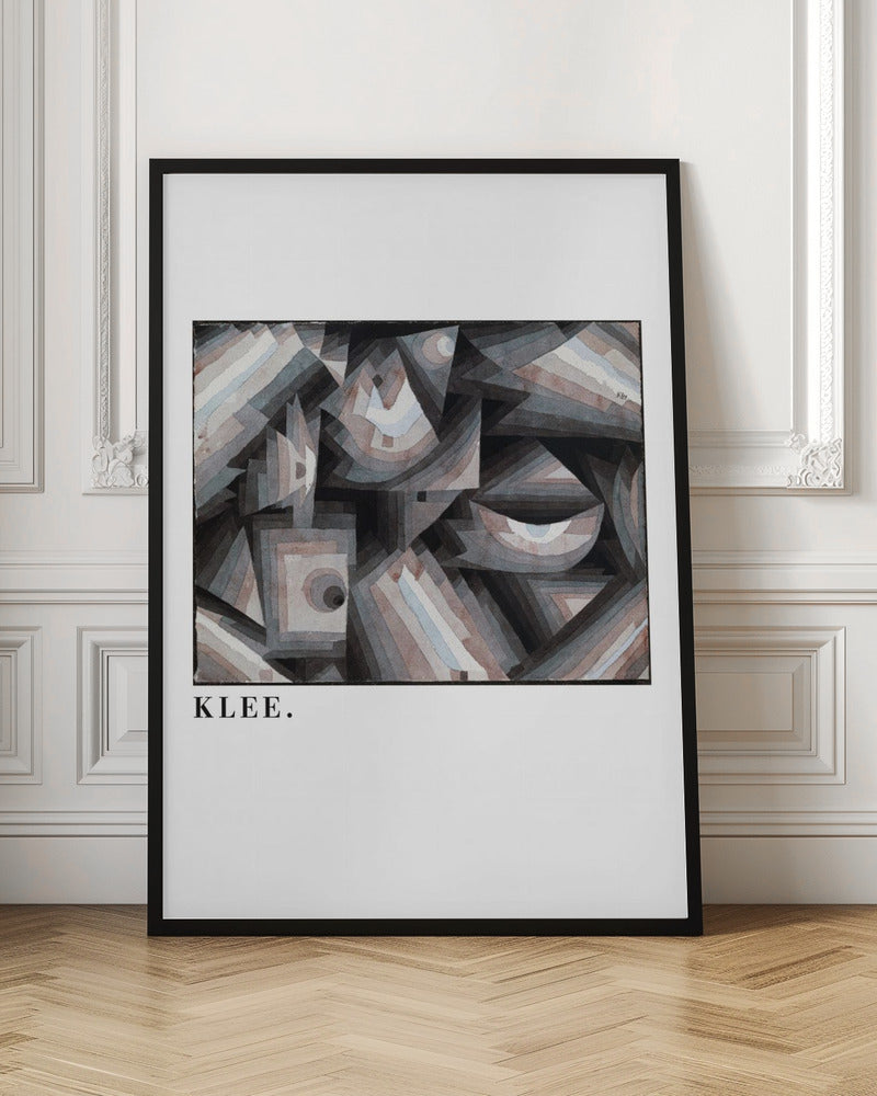 A framed art print of a Paul Klee abstract painting. The artwork is a complex composition of geometric shapes, including triangles, squares, and arcs, in a muted palette of grays, browns, and light blues. The name 'KLEE.' is printed in a black serif font on the white mat below the image. Decor