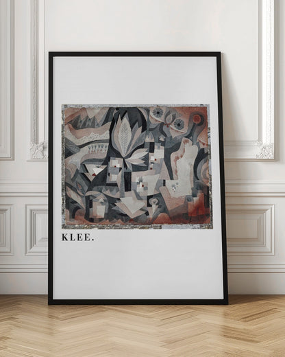 A framed art print of an abstract painting by Paul Klee. The complex composition features geometric and biomorphic shapes in a muted palette of gray, brown, and terracotta. Below the artwork, on a white mat, the name 'KLEE.' is printed in a black serif font. Decor