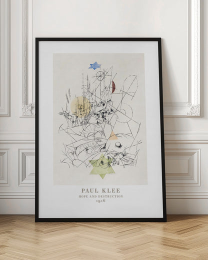 A framed art print of Paul Klee's 1916 work, 'Hope and Destruction.' The artwork is a complex abstract composition with a tangle of black lines on a cream background, featuring colored geometric shapes like a blue and a green Star of David, and circles in yellow and red. Poster