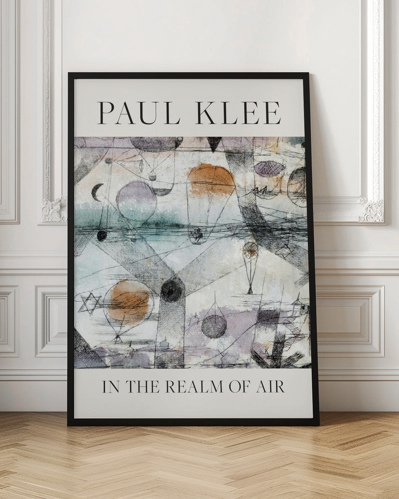 A framed art poster of Paul Klee's painting 'In the Realm of Air'. The abstract artwork features a whimsical scene with floating orbs and balloon-like shapes in muted watercolor tones of blue, orange, and purple, overlaid with intricate black ink linework. The artist's name is at the top and the title is at the bottom in a simple serif font on a cream-colored border. Decor