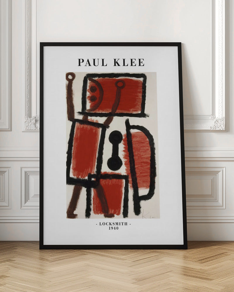A framed art print of Paul Klee's 1940 painting 'Locksmith'. The abstract artwork features a composition of thick black lines and blocks of red and brown paint on a cream background, resembling a figure. The poster includes the text 'PAUL KLEE' at the top and '- LOCKSMITH - 1940' at the bottom. Artwork