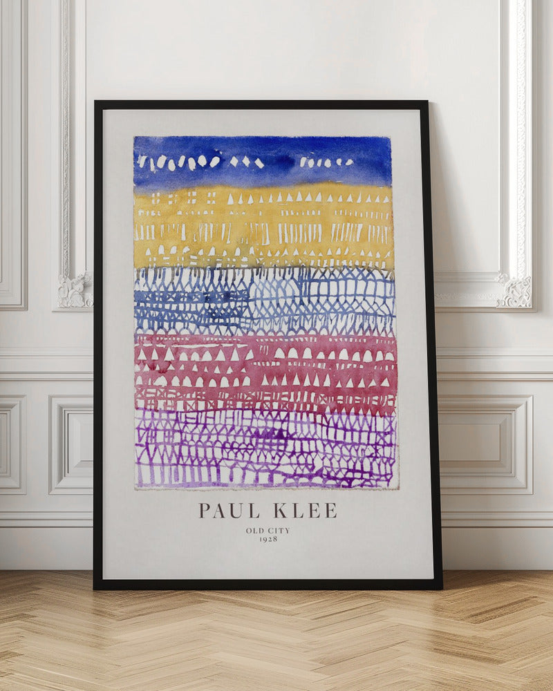 A framed art print of Paul Klee's 1928 watercolor painting 'Old City.' The abstract piece features horizontal bands of color, from top to bottom: a dark blue sky, a yellow section with building-like patterns, and layers of intricate lattice-like designs in blue, magenta, and purple. Artwork