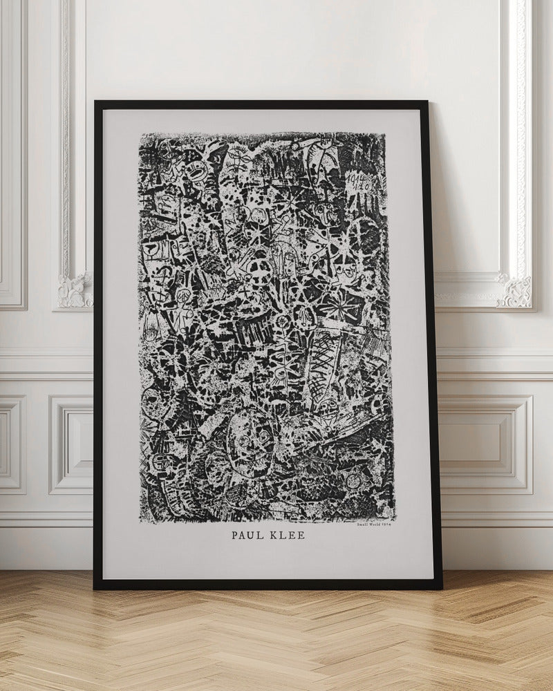 A black and white abstract print by Paul Klee titled 'Small World'. The vertical artwork is a dense, chaotic mix of small, primitive-style figures, faces, and symbols, creating a highly textured and intricate composition. The artist's name is printed below the artwork. Artwork