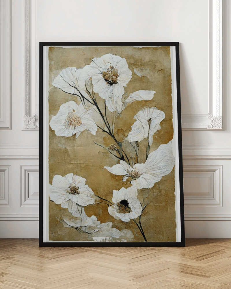 A vintage-style painting of delicate, papery white flowers with gold and brown centers on thin black stems. The background is a textured, mottled golden-brown, giving the artwork an aged, rustic feel. The piece is presented in a simple black frame. Print