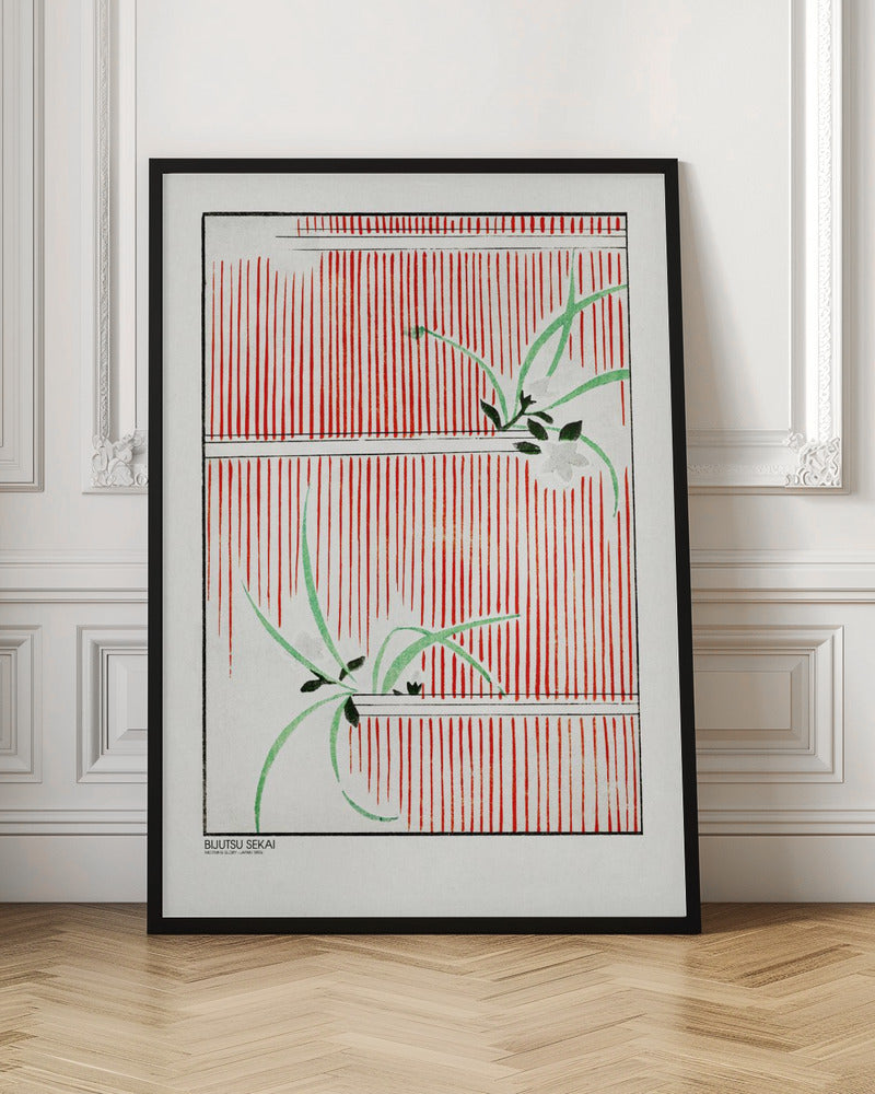 A Japanese woodblock print featuring delicate green leaves and white flowers set against a bold background of vertical red stripes on a white canvas. The artwork is framed in black and has Japanese text in the lower-left corner. Wall Art