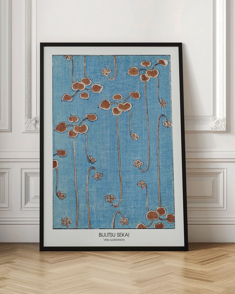 A vintage Japanese art print from Bijutsu Sekai featuring stylized brown vines with heart-shaped leaves and small blossoms hanging against a textured blue background. The print is displayed in a black frame with a white mat. Artwork