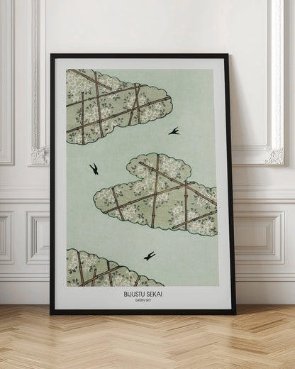 A Japanese woodblock style print titled 'Bijustu Sekai Green Sky'. It features three stylized green, cloud-like treetops filled with white blossoms against a pale mint green sky. The treetops are crisscrossed with brown bamboo trellises. Three black birds are seen flying in the open sky. Wall Art