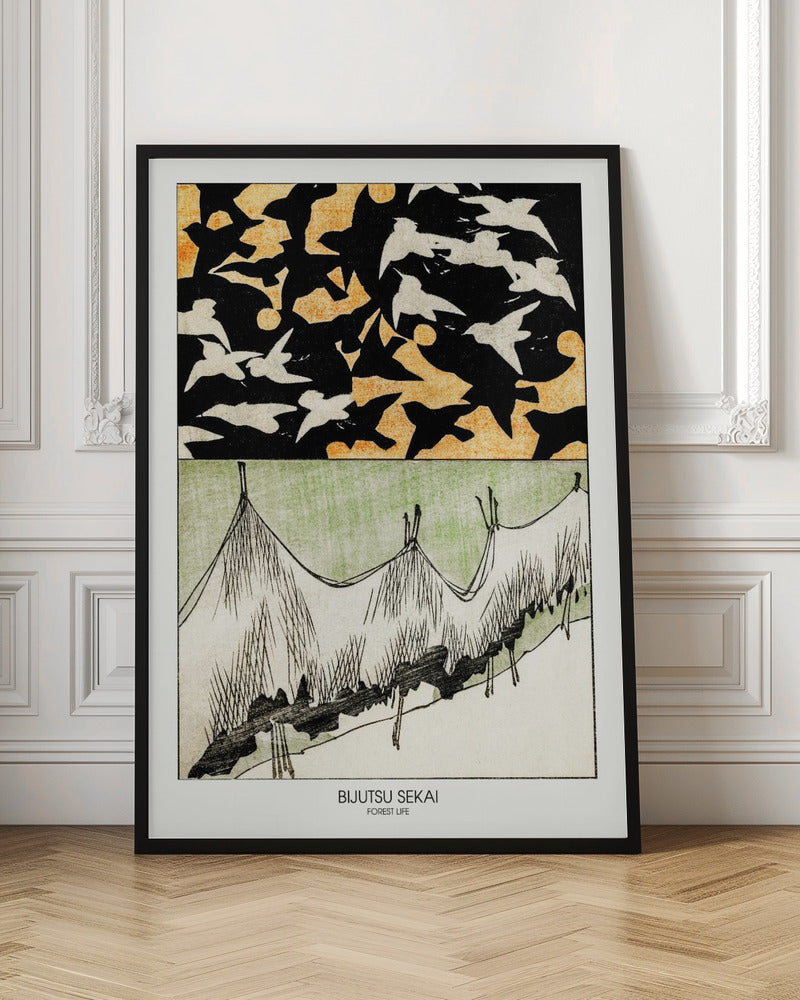 A Japanese woodblock style print titled 'Bijutsu Sekai, Forest Life'. The artwork is split into two panels: the top shows a black sky with an orange pattern, filled with silhouettes of black and white birds in flight. The bottom panel illustrates a stylized landscape of grassy hills in green, white, and black ink. Decor