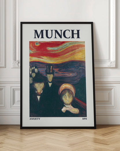 A poster for Edvard Munch's 1894 painting 'Anxiety'. It shows a crowd of ghostly, pale-faced figures in dark attire standing under a dramatic, swirling red and orange sky. The word 'MUNCH' is printed at the top, with 'ANXIETY' and '1894' at the bottom. Decor