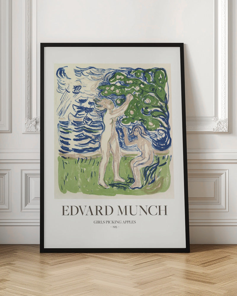 A framed poster of Edvard Munch's 1915 artwork, 'Girls Picking Apples'. The print features two nude women in a stylized landscape; one stands picking an apple from a tree, while the other sits. The art is rendered in expressive strokes of blue, green, and cream. Wall Art