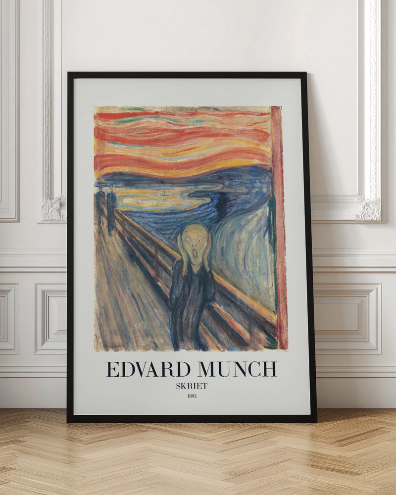 A framed poster of Edvard Munch's iconic 1893 painting 'The Scream' (Skriet). It depicts a figure with a look of anguish, hands clapped to its head, against a backdrop of a fiery, swirling orange and red sky over a dark blue fjord. The text 'EDVARD MUNCH', 'SKRIET', and '1893' is printed below the artwork. Poster