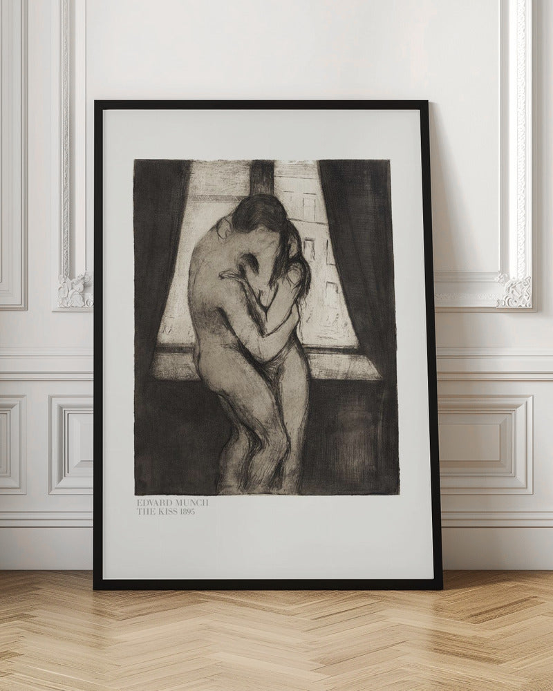 A framed black and white print of Edvard Munch's 1895 artwork, 'The Kiss.' It depicts two nude figures in a passionate embrace, their faces merging into one, standing before a window with dark curtains. Decor