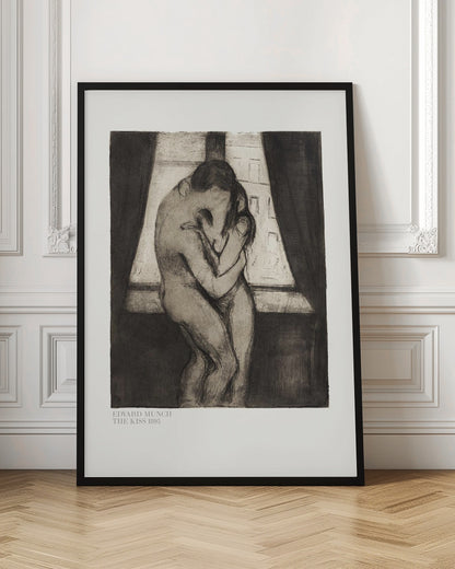 A framed black and white print of Edvard Munch's 1895 artwork, 'The Kiss.' It depicts two nude figures in a passionate embrace, their faces merging into one, standing before a window with dark curtains. Decor