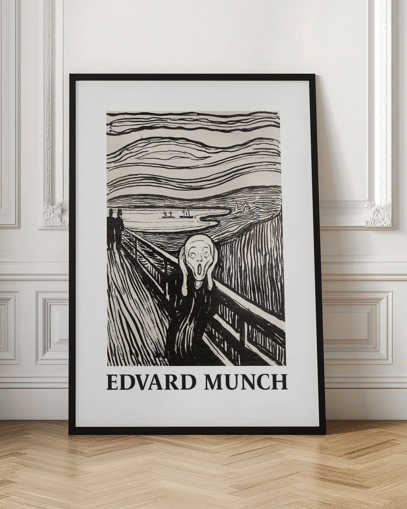 A black and white print of Edvard Munch's 'The Scream' in a black frame. The iconic artwork features a tormented figure on a bridge, screaming with hands to its head, under a swirling sky. The artist's name, 'EDVARD MUNCH', is printed below the image. Artwork