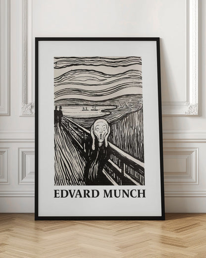A black and white print of Edvard Munch's 'The Scream' in a black frame. The iconic artwork features a tormented figure on a bridge, screaming with hands to its head, under a swirling sky. The artist's name, 'EDVARD MUNCH', is printed below the image. Artwork