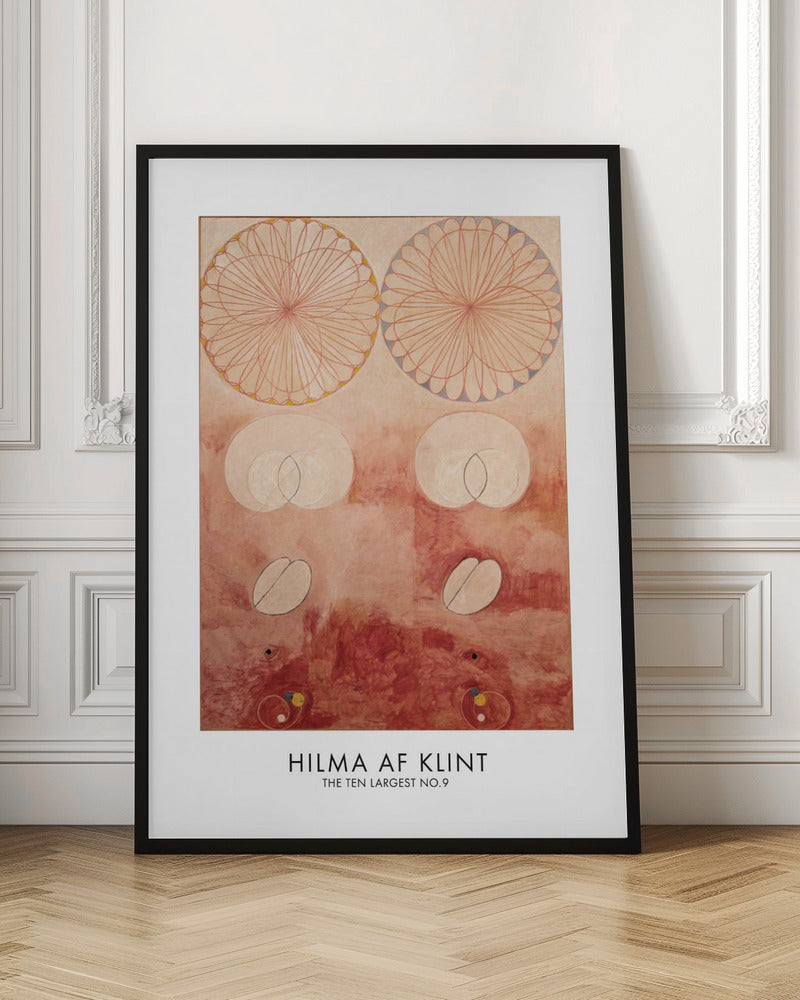 A framed art poster of Hilma af Klint's painting 'The Ten Largest No. 9'. The abstract artwork features geometric and biomorphic shapes on a textured pink and deep red background. Two large, complex circular patterns dominate the top half, while intersecting ovals and other symbolic forms are arranged below. The artist's name is printed at the bottom. Wall Art
