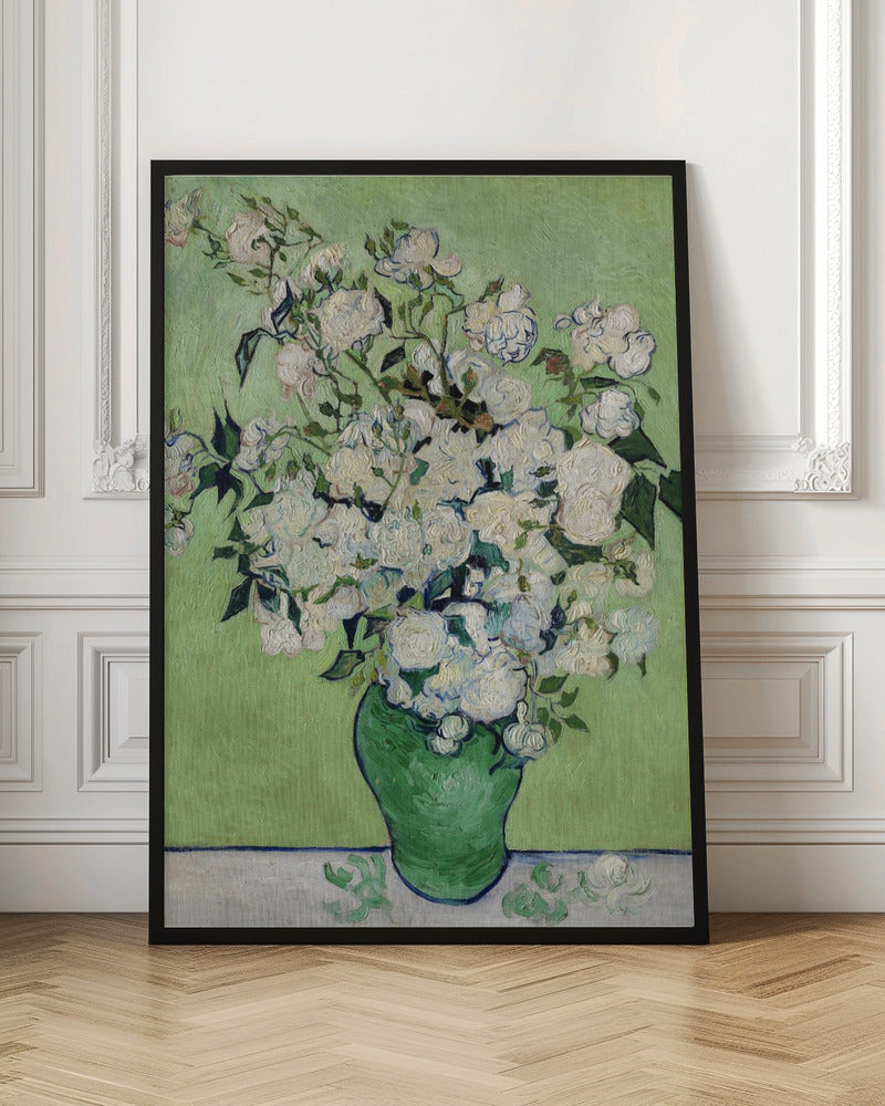 A framed Post-Impressionist painting by Vincent van Gogh of a large bouquet of white roses in a green vase, set against a light green background. The brushstrokes are thick and expressive, characteristic of the artist's style. Poster