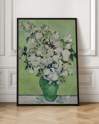 A framed Post-Impressionist painting by Vincent van Gogh of a large bouquet of white roses in a green vase, set against a light green background. The brushstrokes are thick and expressive, characteristic of the artist's style. Poster