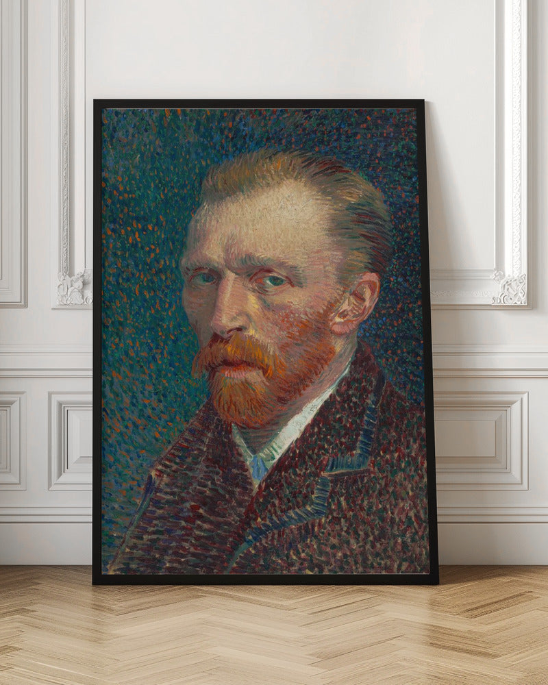 A framed Post-Impressionist self-portrait by Vincent van Gogh. He has a red beard and intense green eyes, looking directly at the viewer against a swirling, stippled background of blue and orange. Print