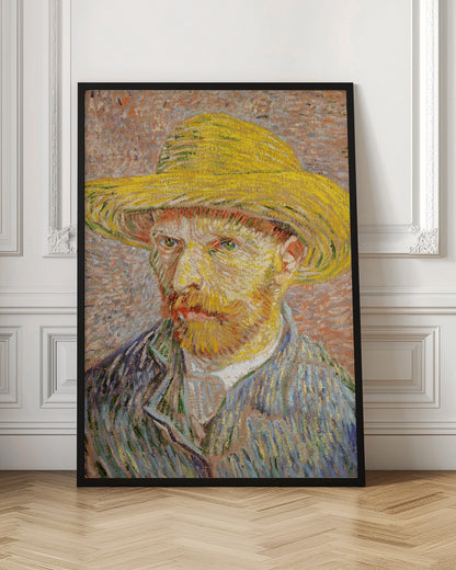 A Post-Impressionist self-portrait by Vincent van Gogh wearing a bright yellow straw hat. The painting features thick, expressive brushstrokes, with the artist's intense gaze directed at the viewer. He has a reddish-blond beard and is wearing a blue jacket against a textured, warm-toned background. Wall Art
