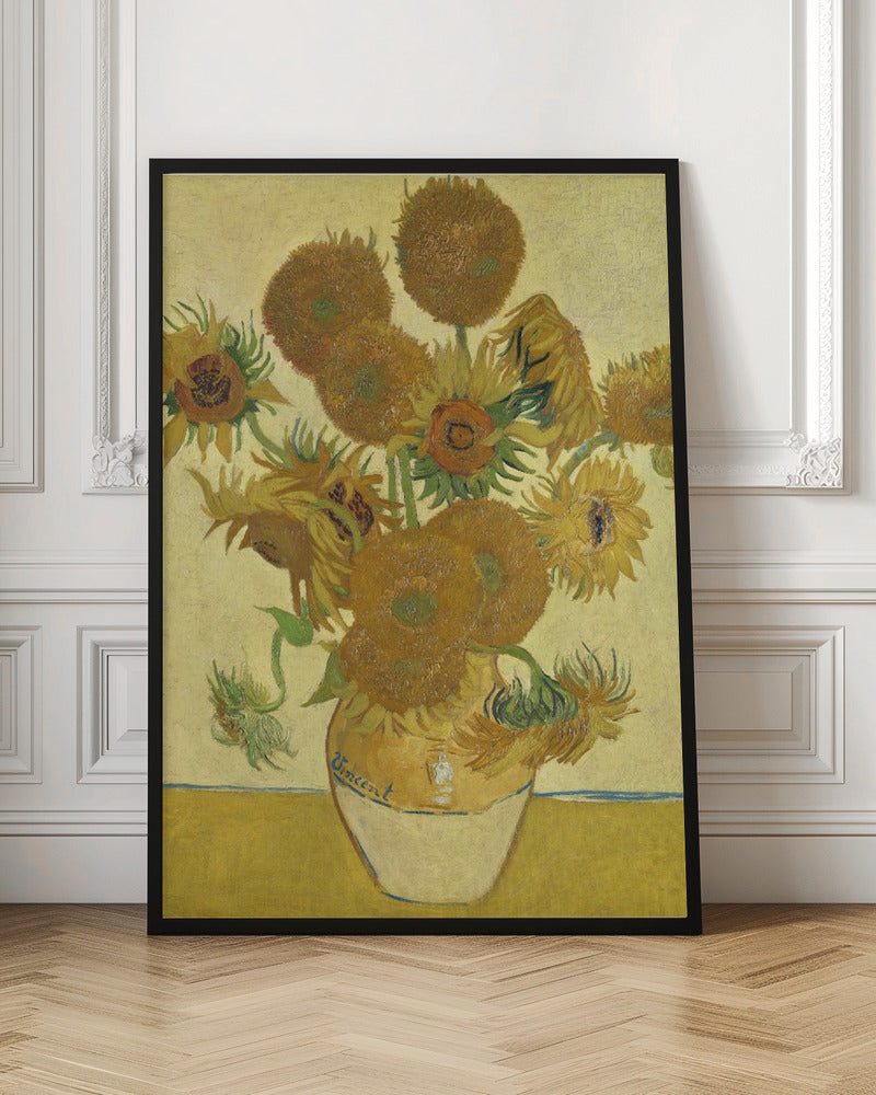 A framed reproduction of Vincent van Gogh's famous 'Sunflowers' painting. It depicts a rustic earthenware vase filled with a bouquet of sunflowers in various stages of life, from full bloom to wilting. The painting is characterized by its vibrant yellow and brown tones and thick, expressive brushstrokes, signature to the post-impressionist style. The artist's name, 'Vincent', is signed on the vase. Decor