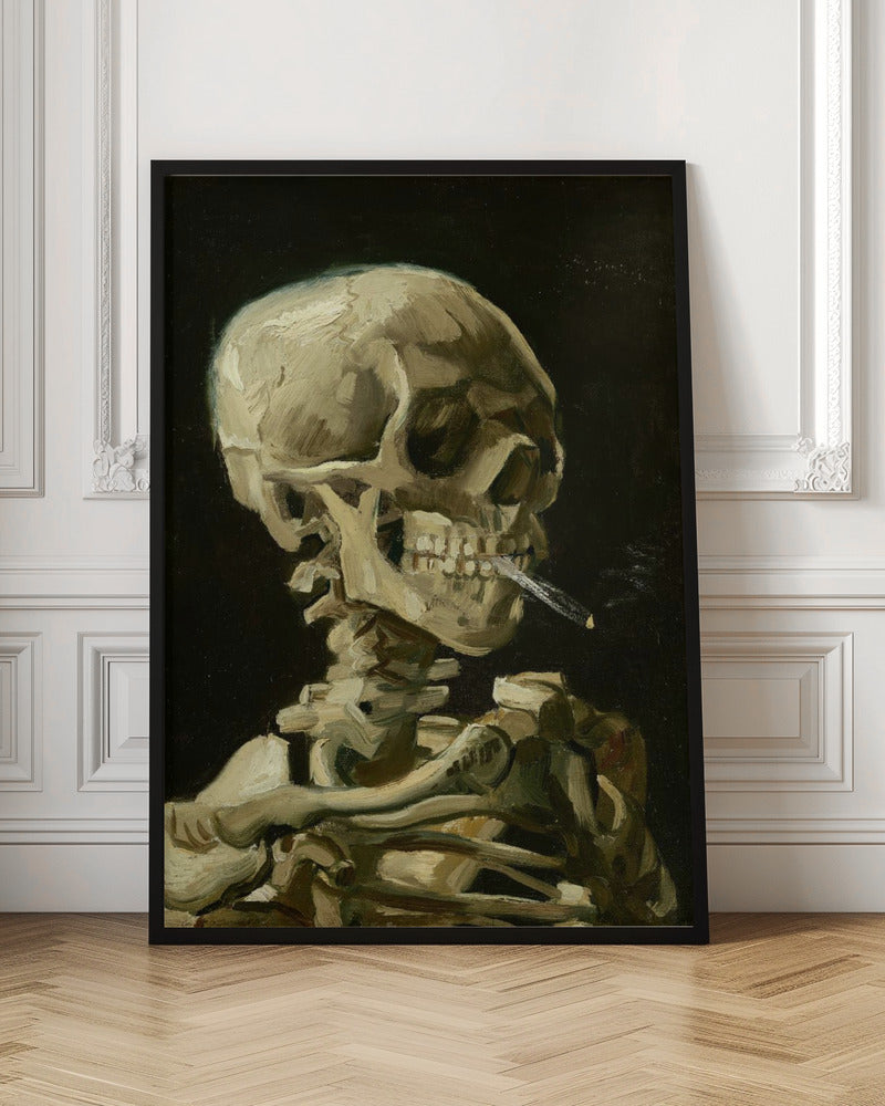 A classic oil painting depicting a human skeleton from the chest up against a stark black background. The skeleton holds a lit cigarette between its teeth, rendered in expressive brushstrokes of beige, white, and brown. Poster