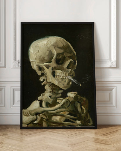 A classic oil painting depicting a human skeleton from the chest up against a stark black background. The skeleton holds a lit cigarette between its teeth, rendered in expressive brushstrokes of beige, white, and brown. Poster