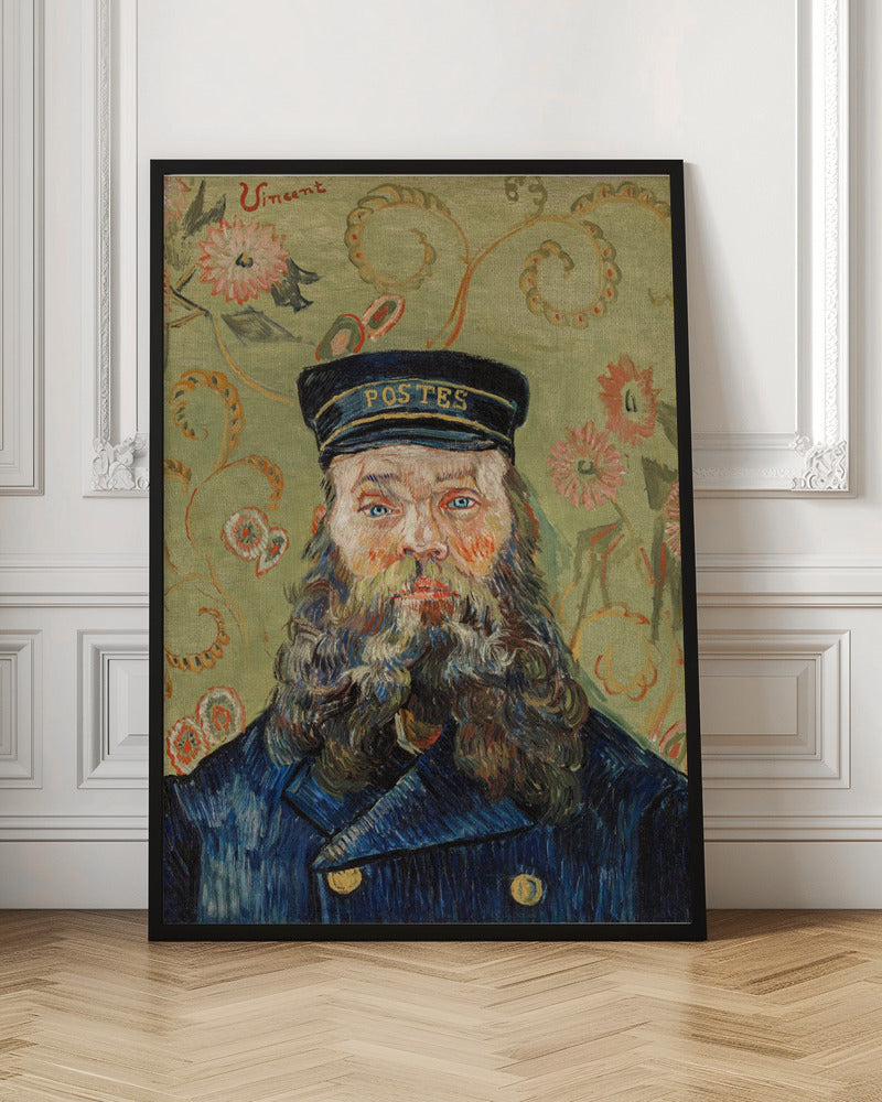 A post-impressionist portrait painting by Vincent van Gogh of the postman Joseph Roulin. He has a full beard, blue eyes, and wears a blue uniform and cap against a patterned green and yellow floral background. The artist's signature 'Vincent' is in the top left corner. Wall Art